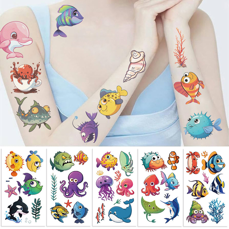 Marine Life Tattoo Stickers Party Temporary Makeup Stickers Cross-border Cartoon Disposable Waterproof Tattoo Stickers for Children