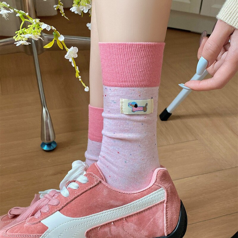 袜子女中筒袜纯棉夏季薄款日系ins潮可爱卡通点子纱腊肠狗堆堆袜|undefined