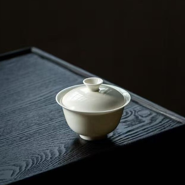 手工薄胎米黄釉如意盖碗二才泡茶碗陶瓷功夫茶具品茗杯茶杯主人杯|undefined