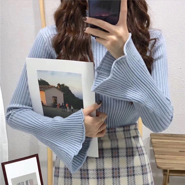 秋冬加厚卷边半高领个性坑条喇叭袖针织气质复古柔软打底衫毛衣女