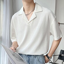 潮牌古巴领T恤男ins春夏素色短袖polo衫休闲宽松落肩袖半袖衬衫衣