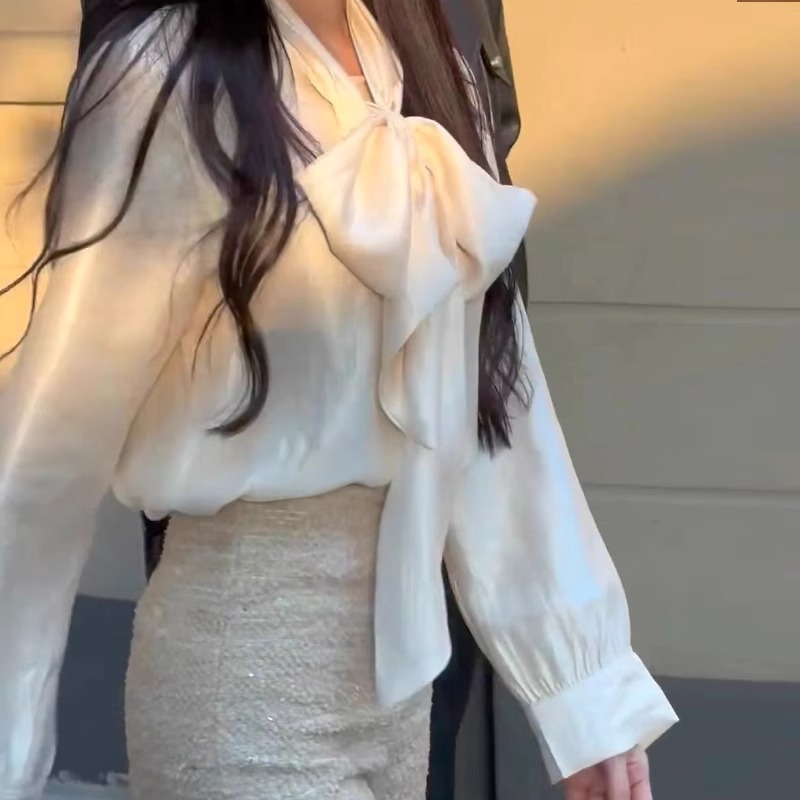 法式蝴蝶结衬衫女春秋小个子醋酸缎面衬衣宽松设计感小众长袖上衣|undefined