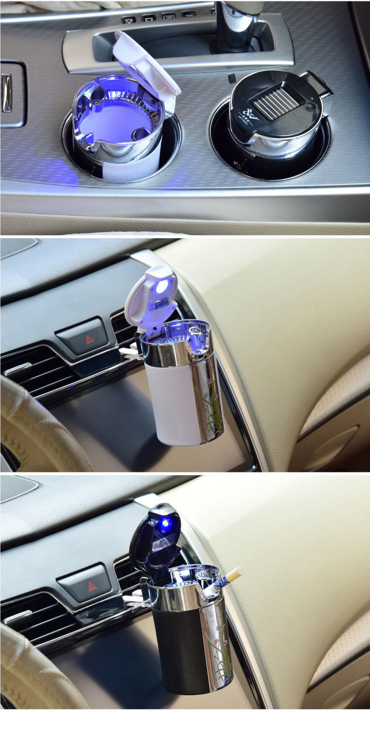 Hanging car ashtray, creative and personalized, with a cover, multifunctional, for car air vents, with night light for the car interior