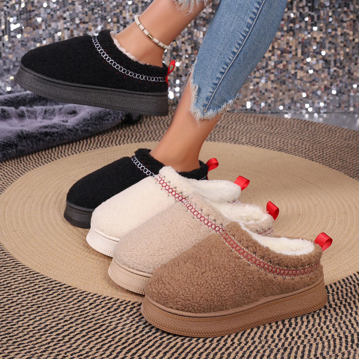 Vastag talpú báránygyapjúból készült, szélálló, téli, baotou félpapucs, női, új, csipkés, gyapjas, hótaposós, pamut papucs_voghion.com