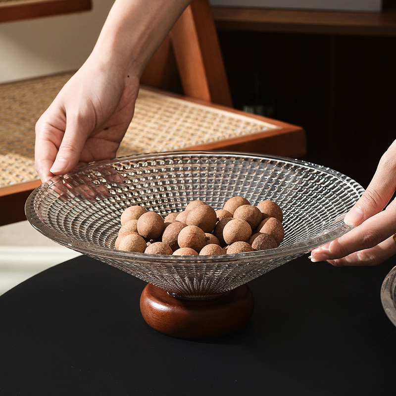 Litchi Sea Glass Fruit Plate Rubber Wooden Base Coffee Table High-end Light Luxury High-foot Front Desk High-value Fruit Plate for Home