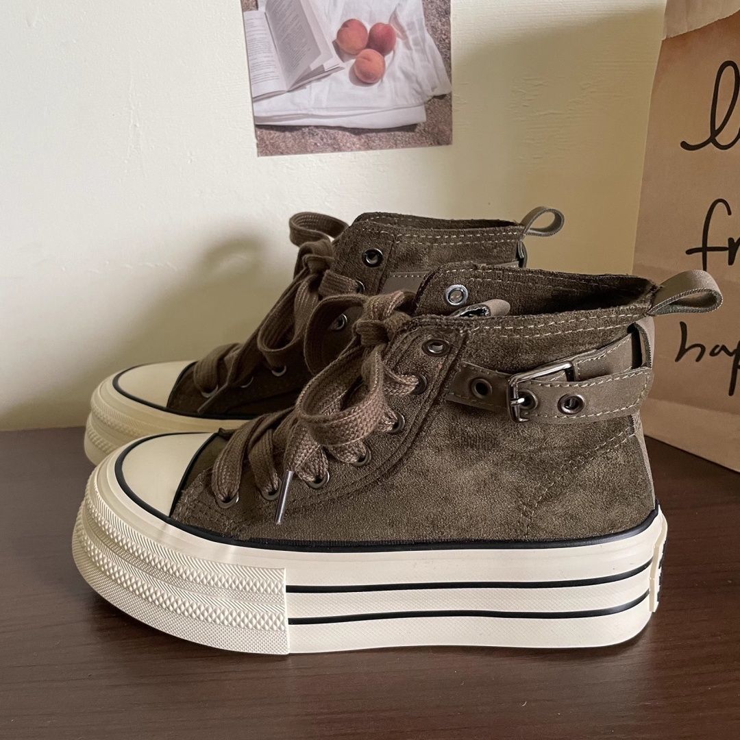 磨砂皮高帮帆布鞋女2025年秋冬百搭chic休闲时尚厚底增高板鞋包邮