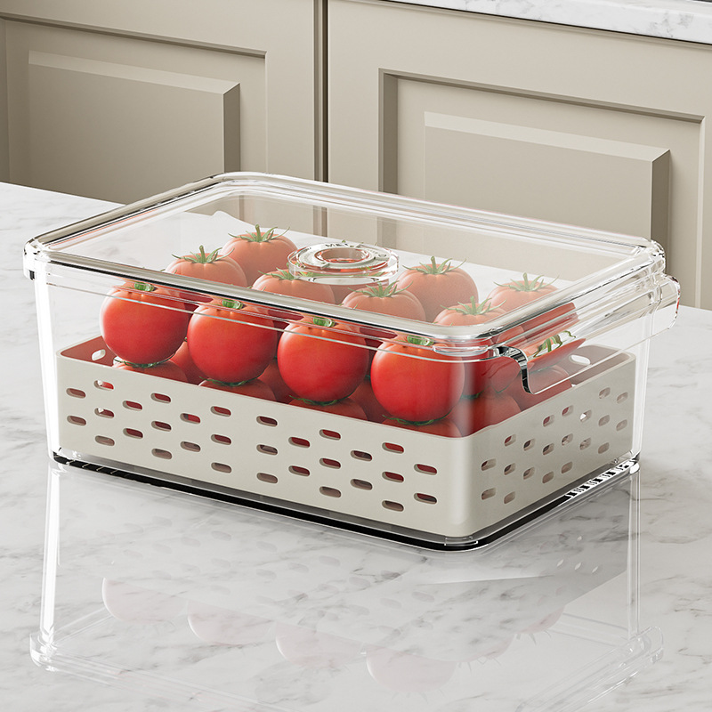 Caja de almacenamiento de refrigerador de cocina plástico rectangular drenaje caja de preservación de frutas y verduras caja de preservación de alimentos sellado de doble capa