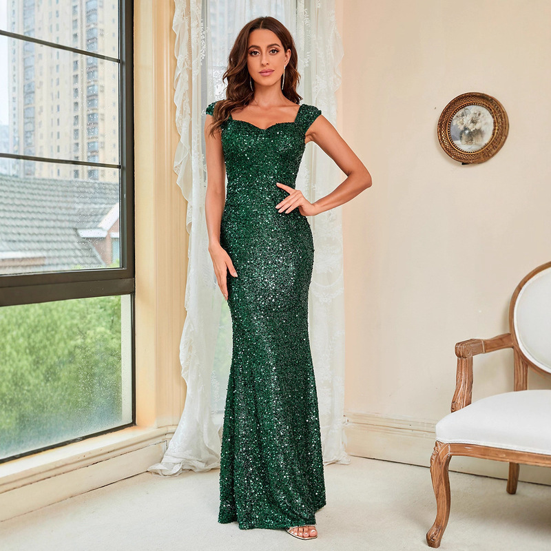 Summer European and American Style Sequined Elegant Green Spaghetti Strap Mid-Waist Party Evening Gown Long Floor-Length Dress