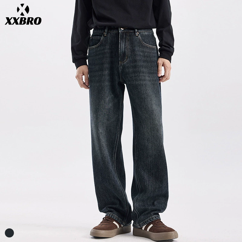 xxbro мужская одежда # Мужские джинсы в американском ретро-стиле на флисовой подкладке, свободные широкие брюки с высокой талией и прямым кроем, универсальные.
