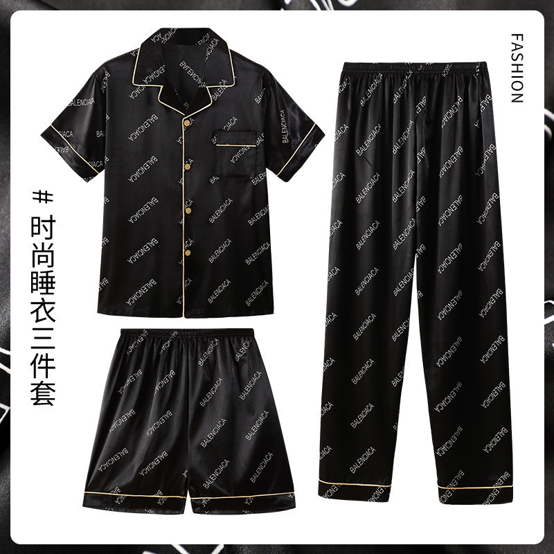 2024 nuevos pijamas de los hombres de verano de seda de hielo manga corta de alto grado de seda real se puede usar fuera de traje de tres piezas