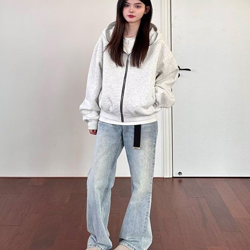 春秋季美式高街嘻哈纯色开衫连帽卫衣女拉链休闲复古跨境百搭外套|undefined