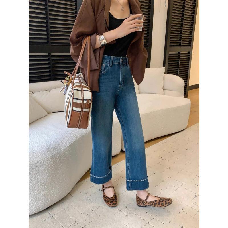 Dimo92230 Thickeneded Flocking Four-Way Elastic Stylish Fashionable Cuffed Embroidered Work Clothing Nine-Point Straight Jeans for Women