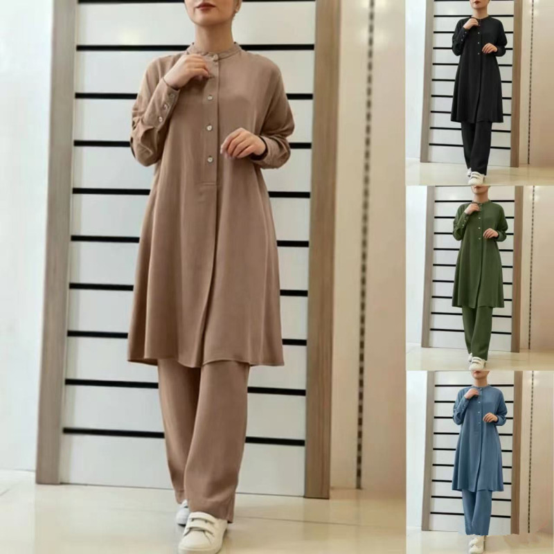 In Stock H728 # New Solid Color Two-Piece Shirt and Pants Set, Casual Loose Pants Set
