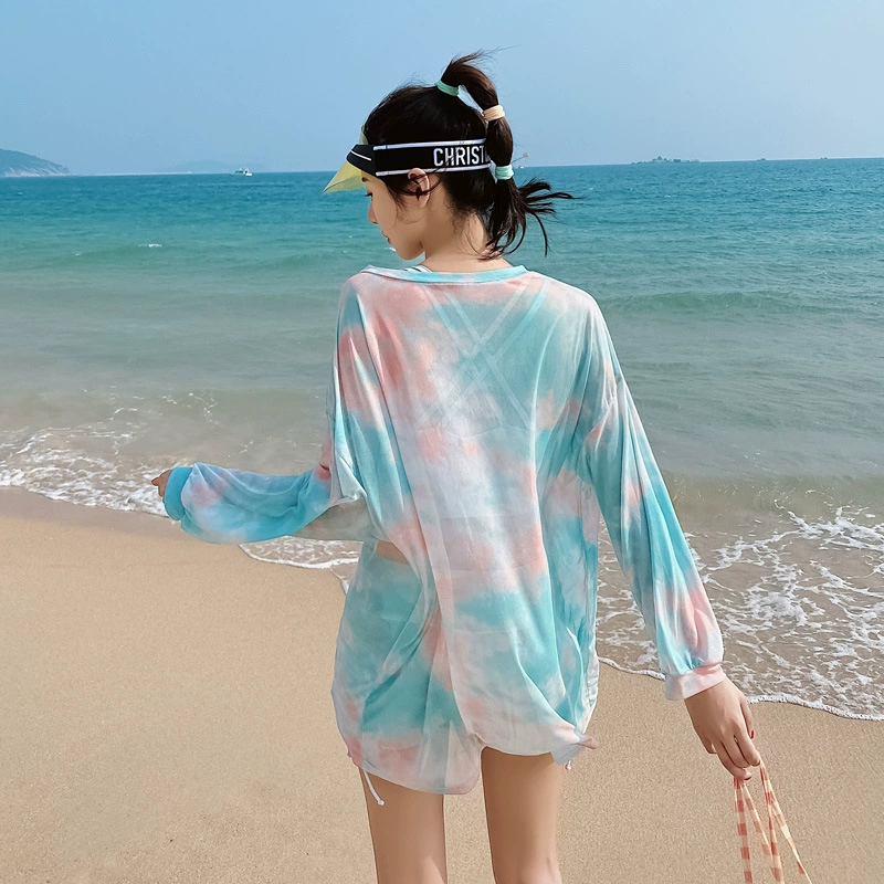 Купальник женский летний консервативный раздельный из трех частей блузка с длинными рукавами защита от солнца спортивный стиль красивый новый купальник 2024