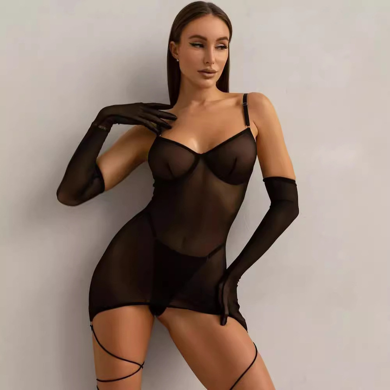 Cross-border sexy European and American style mesh plus size women's steel ring gathered perspective dress with gloves leggings rope suit