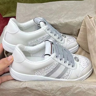2025 New Style Starry Sky Rhinestone Dirty Shoes Versatile Old Floral Green Trendy Versatile Sneakers Genuine Leather White Shoes
