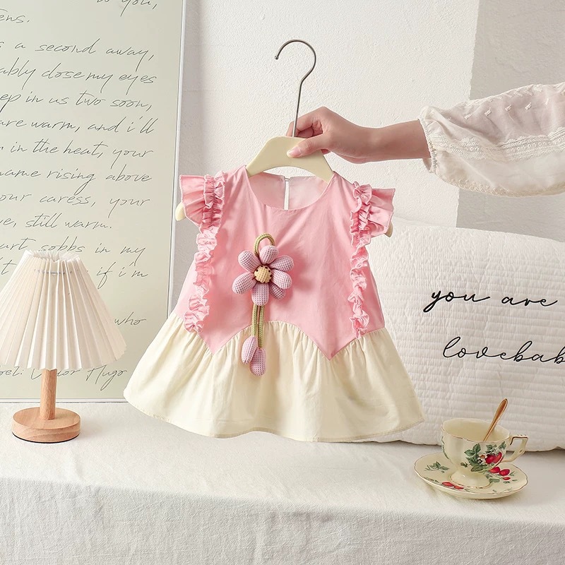 Vestido de algodón con mangas voladoras con costuras de flores para bebés y niños pequeños, vestido de princesa con chaleco con orejas de madera para bebés de nuevo estilo de verano