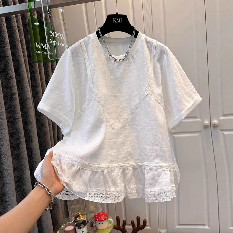 Cross-Border Wholesale Trade Plus-Size White Short-Sleeve T-Shirt for Women 2026 Summer New Lace Trim Patchwork Top Cross-Border Wholesale Trade Plus-Size White Short-Sleeve T-Shirt for Women 2026 Summer New Lace Trim Patchwork Top
