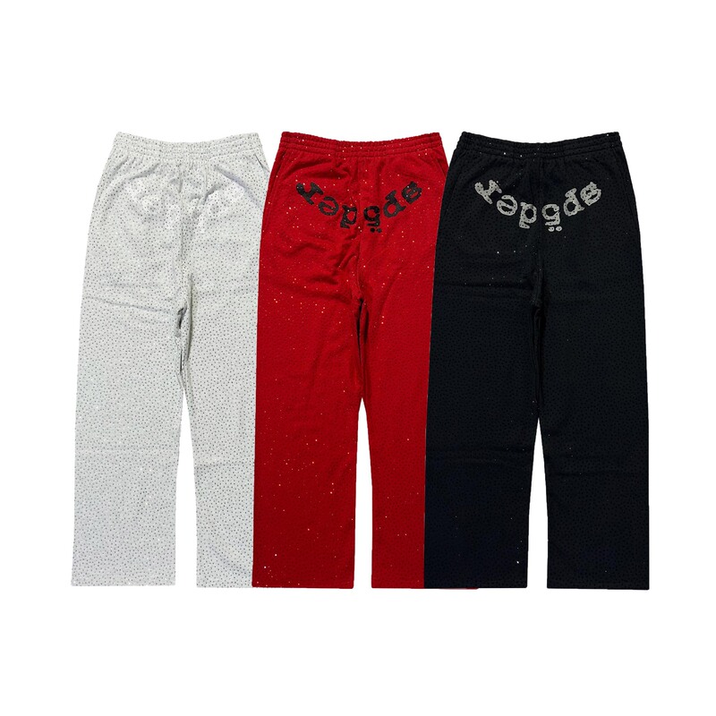 Men's American-style casual pants, fleece-lined straight-leg sweatpants, sp5der with rhinestone lettering, loose wide-leg long pants, autumn trendy brand Men's American-style casual pants, fleece-lined straight-leg sweatpants, sp5der with rhinestone lettering, loose wide-leg long pants, autumn trendy brand
