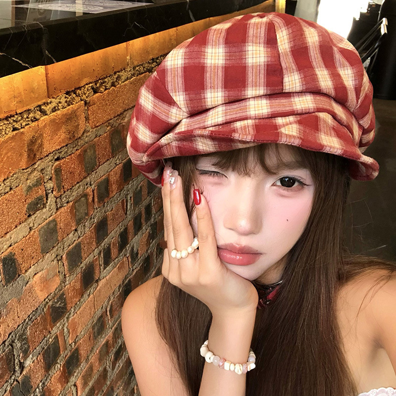 日系复古格子贝雷帽女秋季学院风画家帽大头围显脸小云朵八角帽子|undefined
