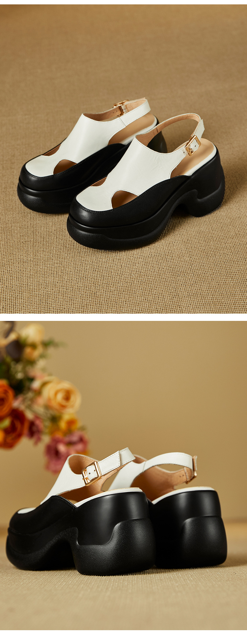 Sandal nữ cao gót đế xuồng platform mũi kín phong cách La Mã, gót 9.5 cm — màu đen, màu trắng chi tiết 11