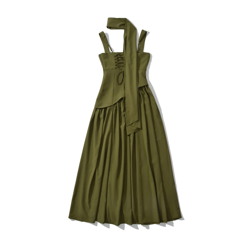 European American Style Scarf-strap Dress For Women, With A Stylish Sexy High Slit, Waist-cinching, Pleated, And Long_ecoleips.com