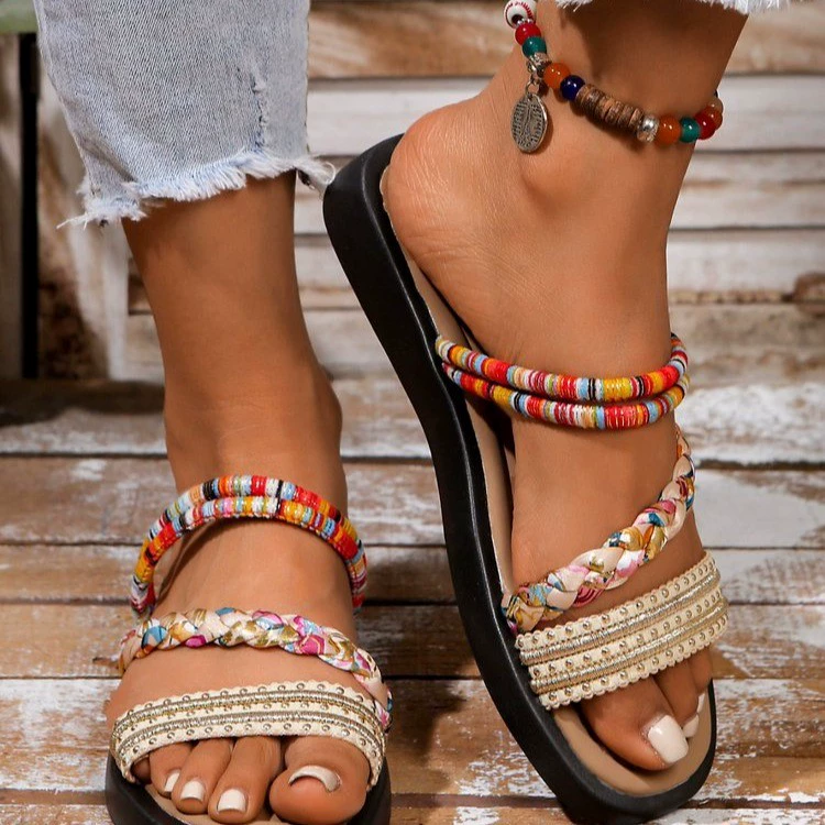 Европейские и американские трансграничные модные сандалии большого размера для женщин, богемный стиль, металлический цвет, плотный ремешок, пляжная обувь с открытым носком, свободное плетение