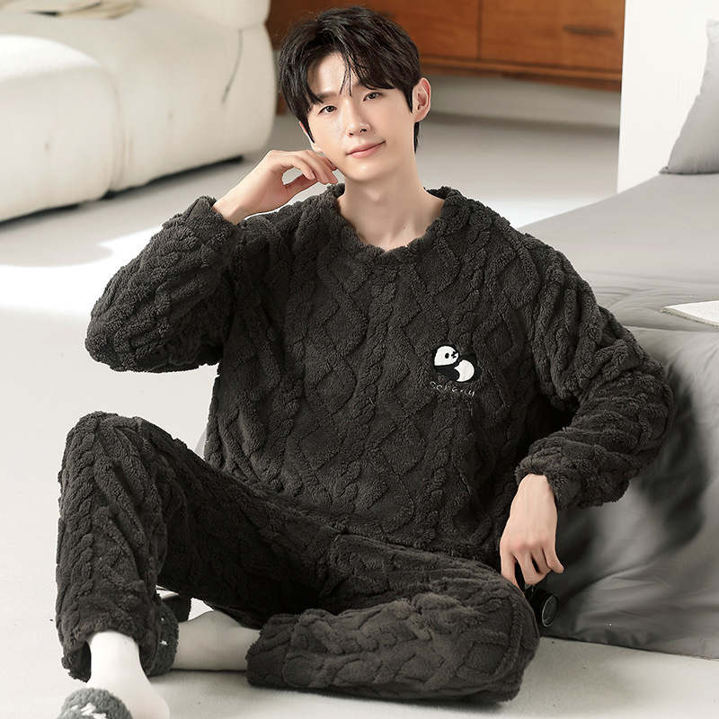 Men's Pajamas Winter Thickened fleece-lined Middle School Students' Men's Flannel Home Clothes Men's Pullover Coral Fleece suit