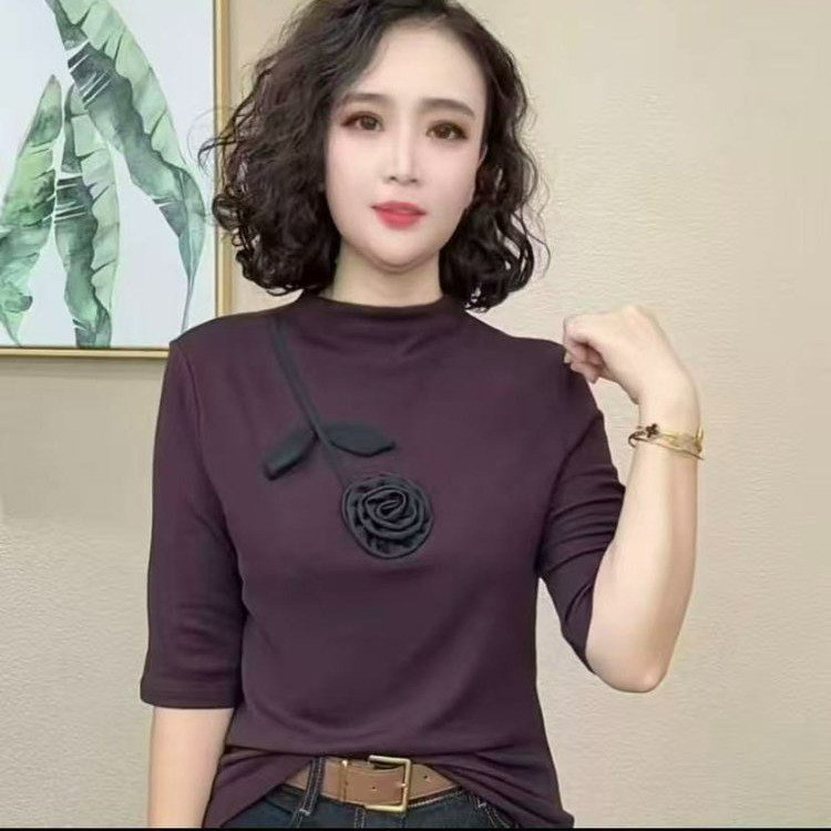 一件代发直播爆款2025早秋新款立体手工花中袖半高领气质百搭上衣|undefined