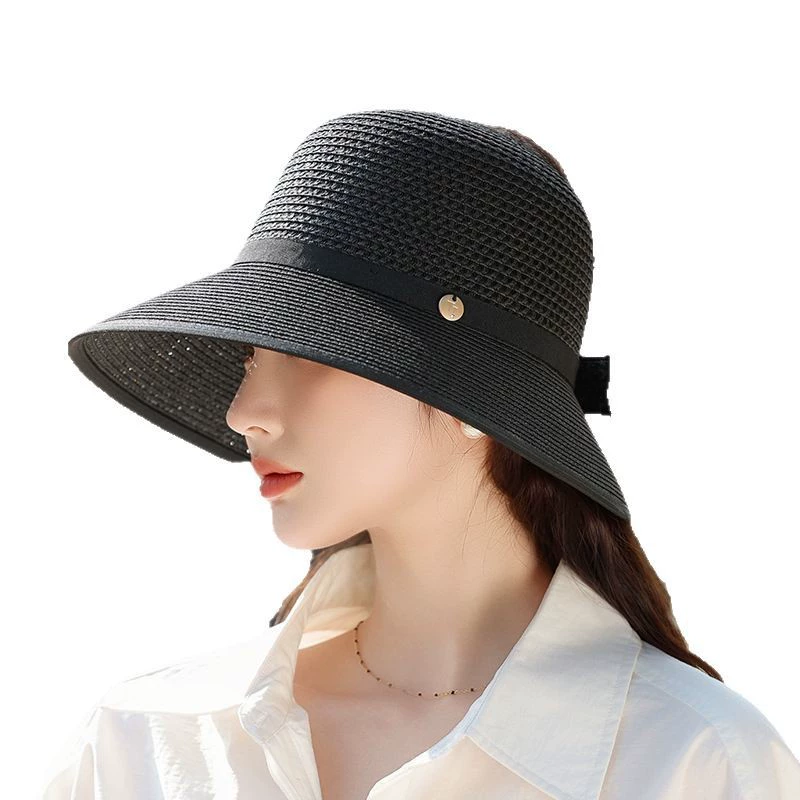 2025 new large brim foldable empty roof fashionable straw hat versatile for women in spring and summer travel on the beach sun protection
