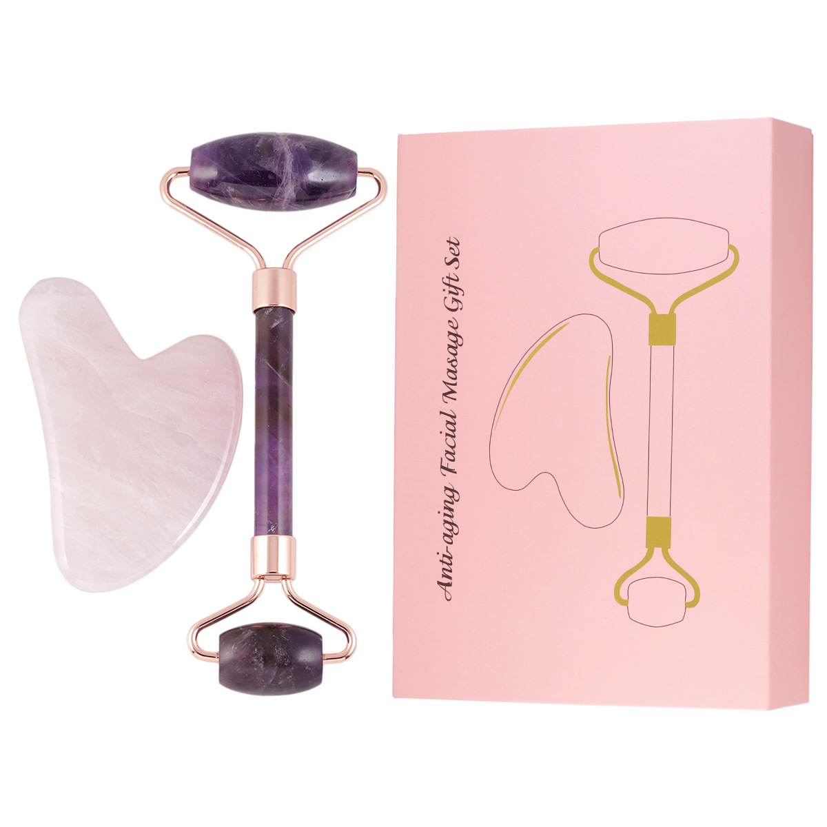 Cristal Natural Jade doble rodillo masaje palo polvo cristal en forma de corazón raspado placa facial reafirmante masajeador traje