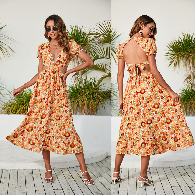 Bohemian Flower V Neck Short Sleeve Zipper Patchwork Midi Dress Irregular Skirt display picture 1