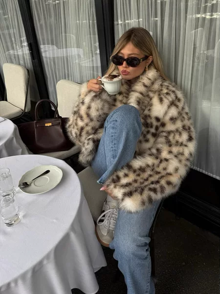 Amazon 2026 Cross-Border Autumn and Winter New Faux Fur Coat for Women with Lapel Collar, Leopard Print, and Elegant Faux Fur Coat