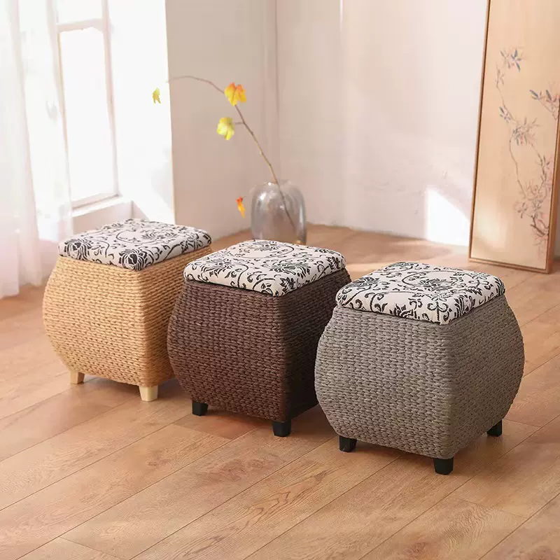 跨境四方鼓凳纸藤编收纳凳储物凳门厅有盖整理收纳箱实木框架鼓墩