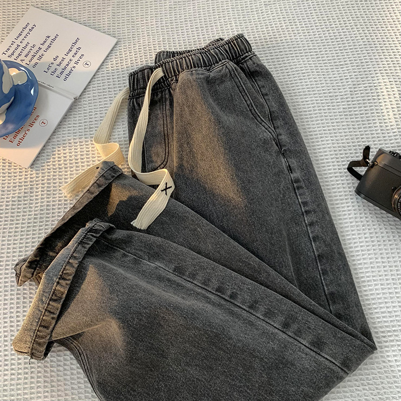 Pantalones vaqueros de los hombres lavados pantalones de mezclilla retro Pantalones rectos con cordón de otoño de los hombres pantalones casuales de talla grande