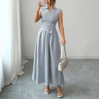 2026新款欧美风V领无袖荷叶边灰色连衣裙女夏季设计感女装外贸