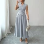 夏季v领荷叶边无袖连衣裙