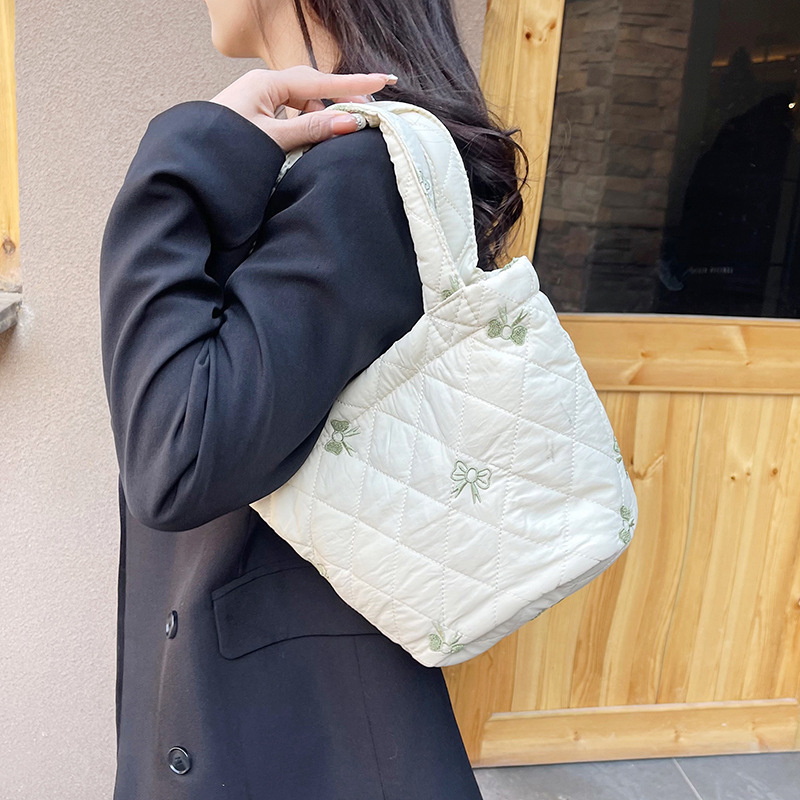 Casual Rhombic Embroidery Small Bag Women's 2024 New Autumn and Winter Cotton Bag Super Popular Portable Small Bag Bucket Bag