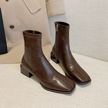 CHIC棕色法式复古方头小短靴女新款粗跟低筒侧拉链中跟弹力瘦瘦靴