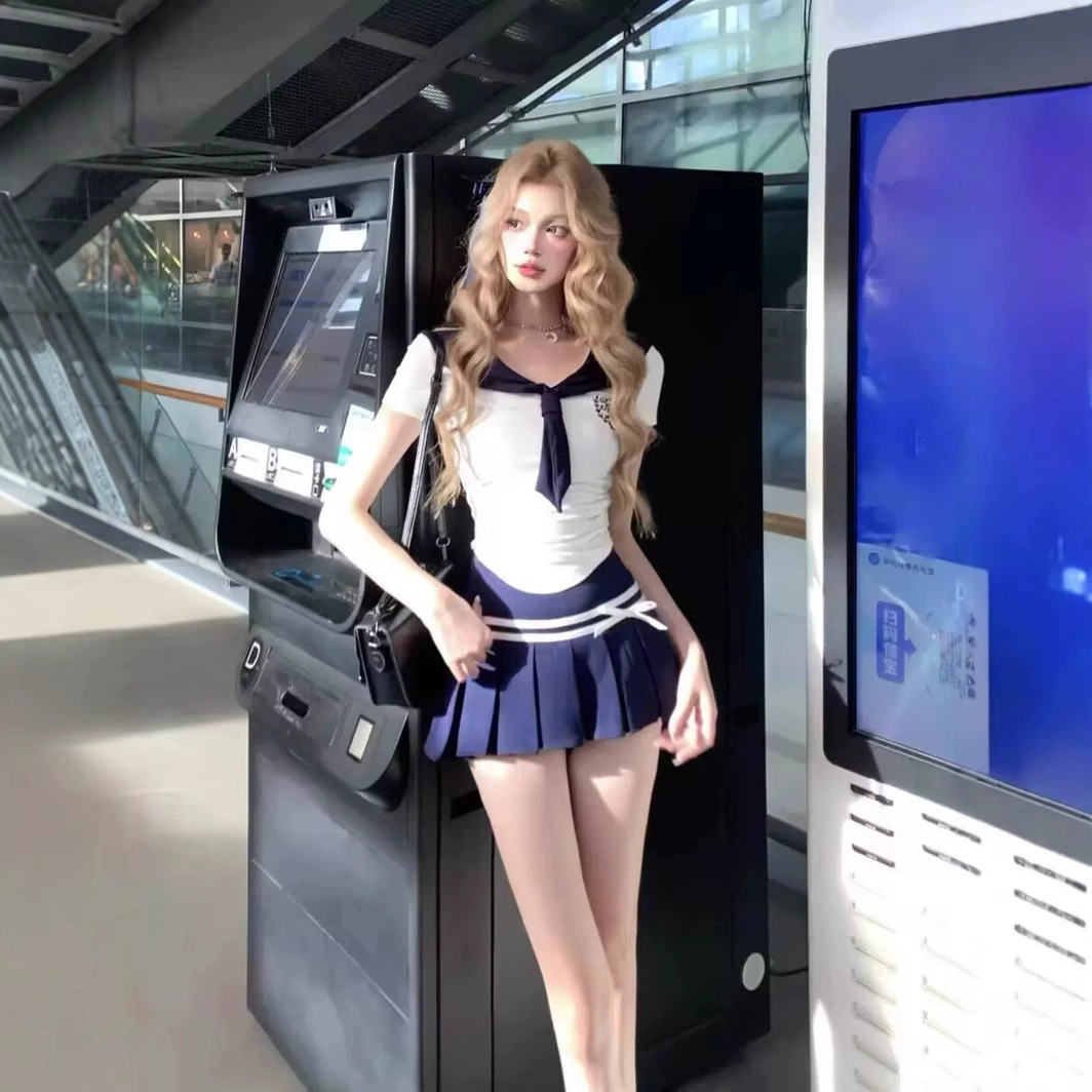 Костюм униформы JK в студенческом стиле для женщин, летняя темно-синяя рубашка с воротником, топ, сексуальная плиссированная полуюбка, комплект из двух предметов