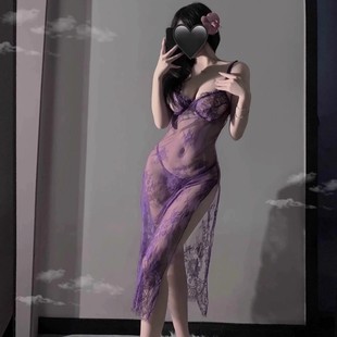 Purple Sexy Lingerie Suspender Pajamas Women's Suit Sexy Transparent Lace Uniform Temptation Slit Long Skirt Small Breast Wear