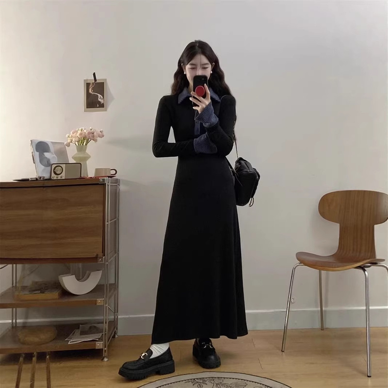 French-Style Black Polo Knit Dress for Women, Autumn 2026 New Model, Elegant Fishtail Long Dress for Layering French-Style Black Polo Knit Dress for Women, Autumn 2026 New Model, Elegant Fishtail Long Dress for Layering