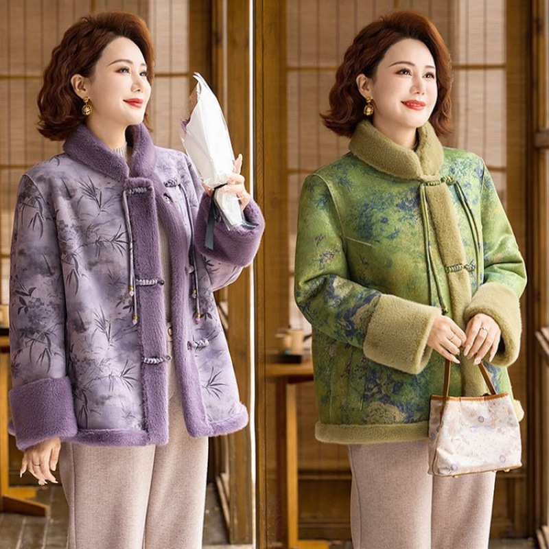 冬装妈妈装新中式上衣加绒加厚保暖外套中老年女装仿水貂绒大衣冬