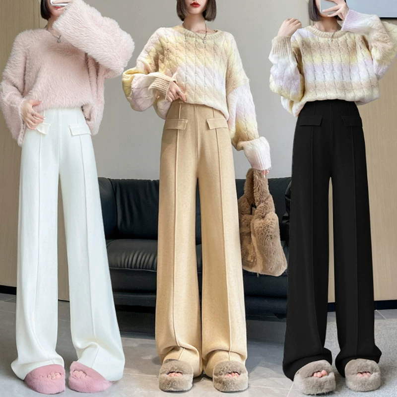 Высокая талия и свисание, тонкие брюки, новые 2024 осень прямой трубочки свободные вязаные повседневные широкие брюки женские приливы