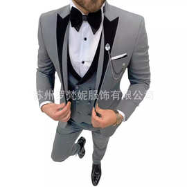 亚马逊外贸西装男士套装三件套修身款商务宴会伴郎服新郎结婚装