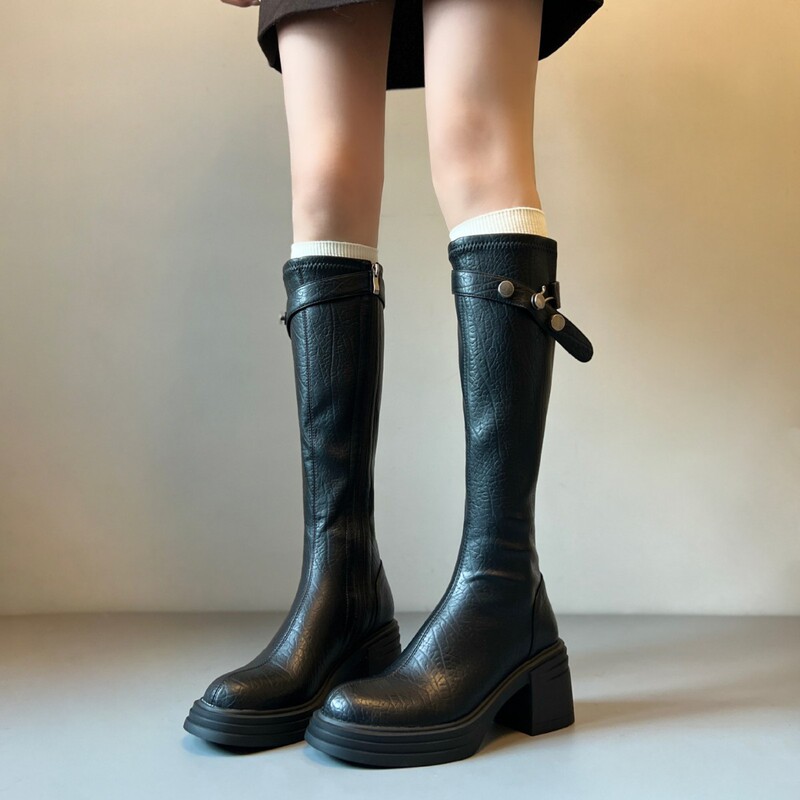 High-Heeled Slimming Long Boots with Round Toes, Versatile Slimming Riding Boots for Women, Retro Knee-High, Suitable for Small Calves, Leg Circumference 32cm