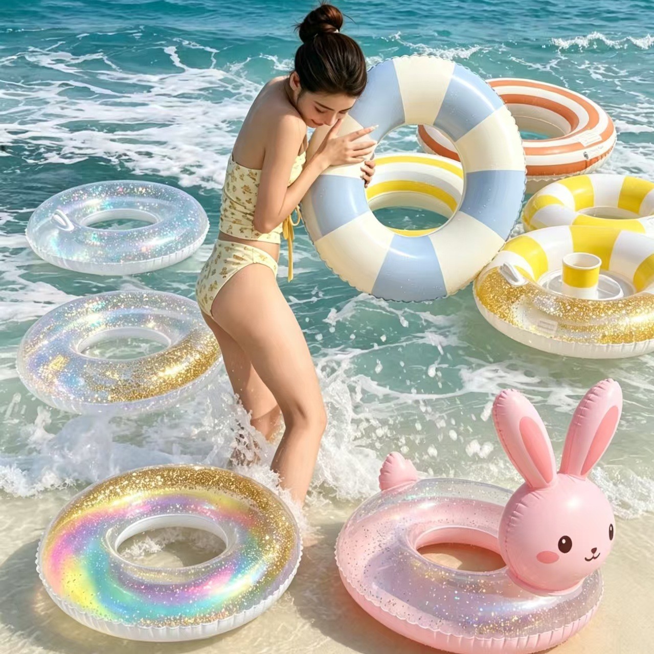 Nuevo anillo de natación para padres e hijos red retro doble bolsa de aire bajo la axila verde engrosado anillo flotante inflable al aire libre