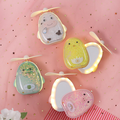 Adorable pet hold Quicksand Glitter powder Mini Fan LED fill-in light pocket Beauty Mirror Small fan Manufactor wholesale
