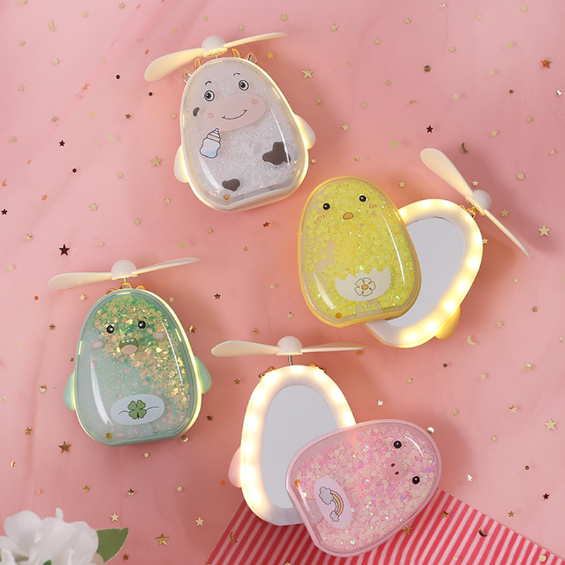 Adorable pet hold Quicksand Glitter powder Mini Fan LED fill-in light pocket Beauty Mirror Small fan Manufactor wholesale