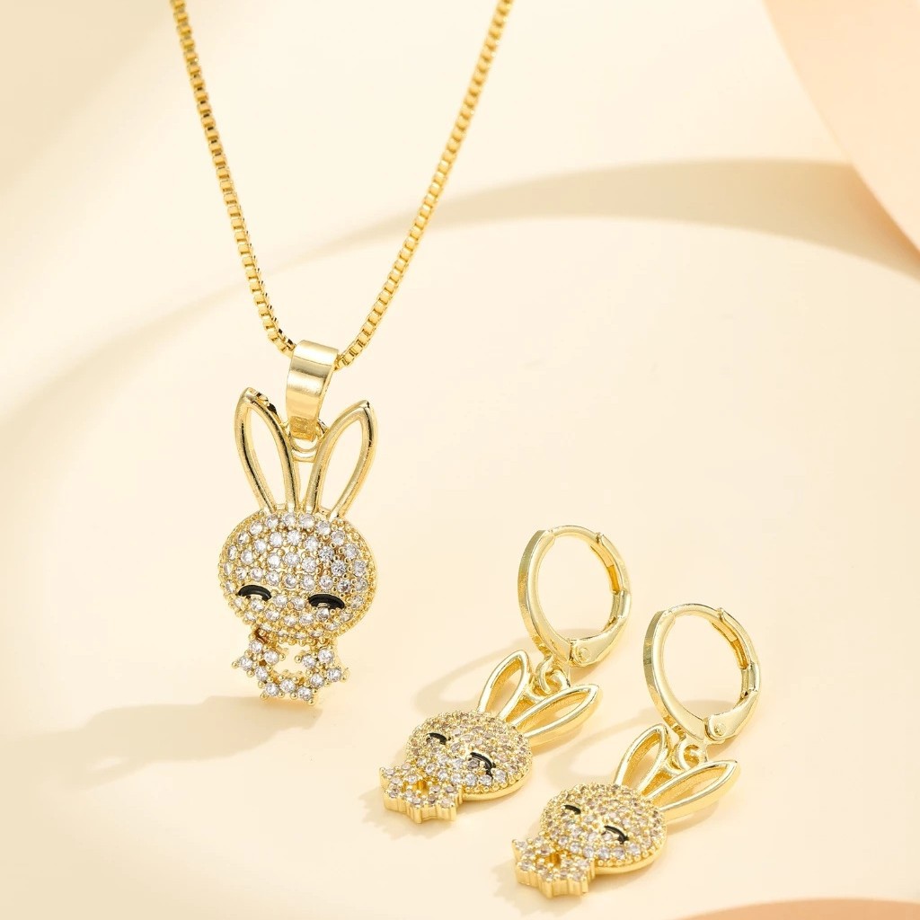 Amazon E-commerce moda dibujos animados conejo colgante diseño ligero lujo completo aretes de zircón conjunto de pendientes